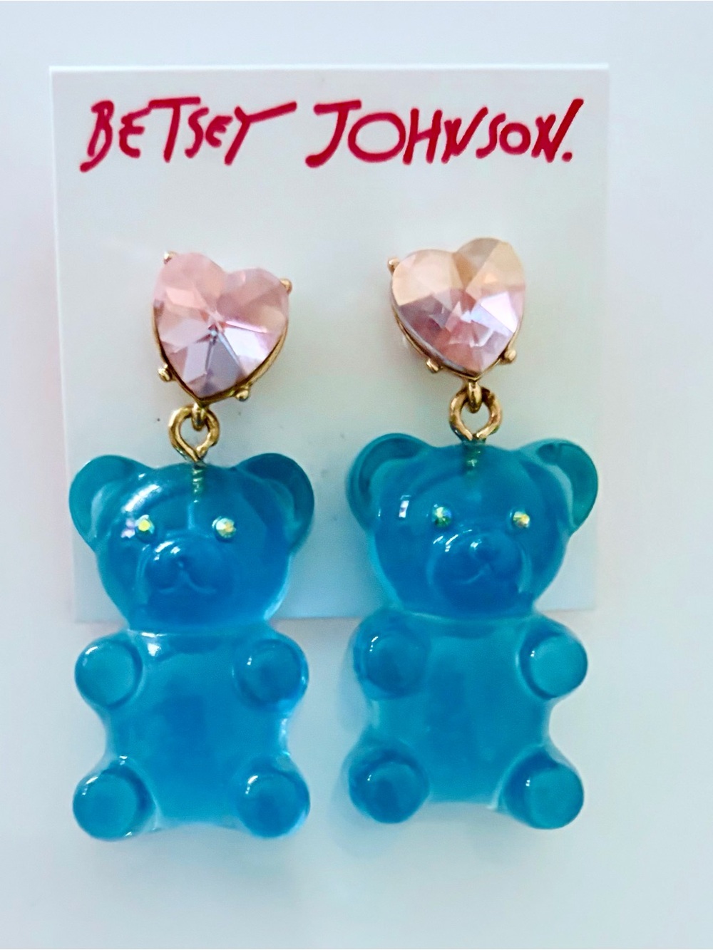 Betsey Johnson Pink Heart & Blue Teddy Drop Earrings